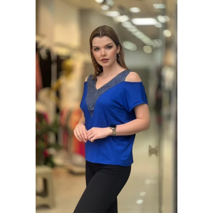 Ön ve Arkası V Simli Bluz