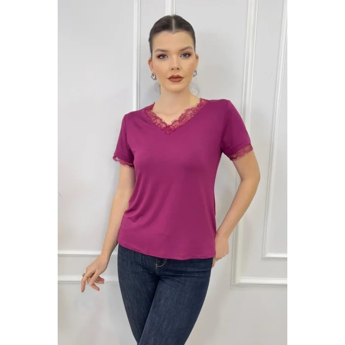 Yakası Ve Kolları Dantelli Bluz