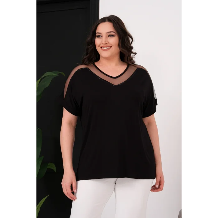 Yakası Ve Omuz Tül Detaylı Bluz