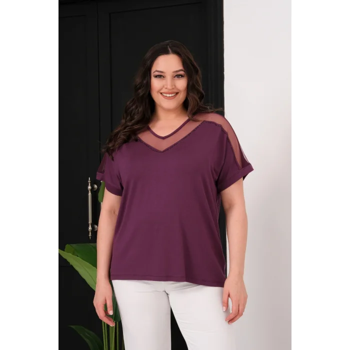 Yakası Ve Omuz Tül Detaylı Bluz