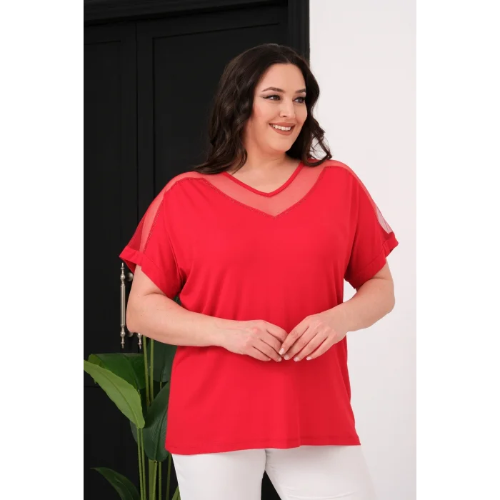 Yakası Ve Omuz Tül Detaylı Bluz