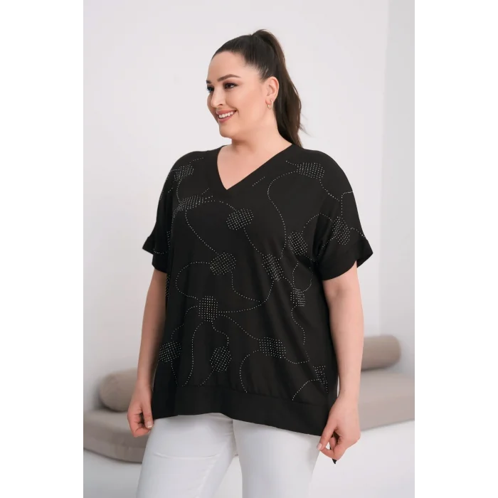 V Yaka Önü Taş Baskılı Bluz