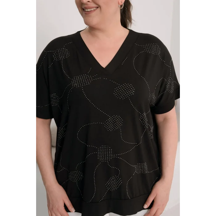 V Yaka Önü Taş Baskılı Bluz