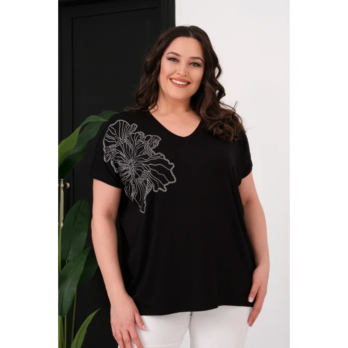 Omuz Çiçek Taş Baskılı Bluz