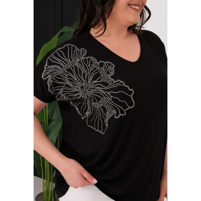 Omuz Çiçek Taş Baskılı Bluz