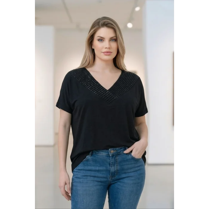 V Yaka Taş Detaylı Bluz