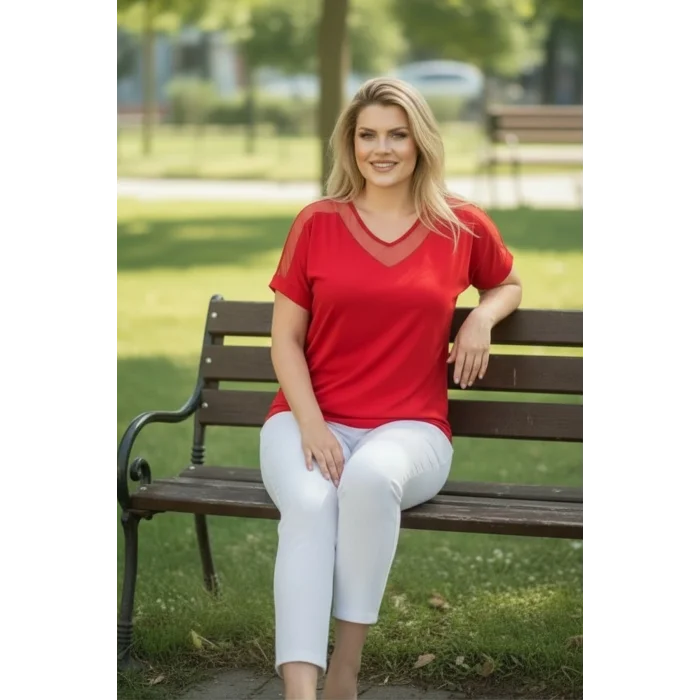 Yakası Ve Omuz Tül Detaylı Bluz