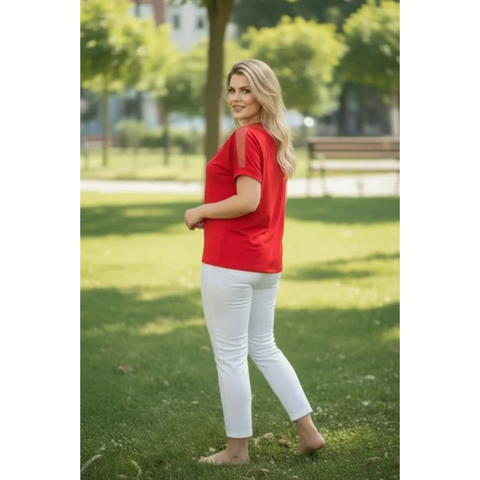 Yakası Ve Omuz Tül Detaylı Bluz