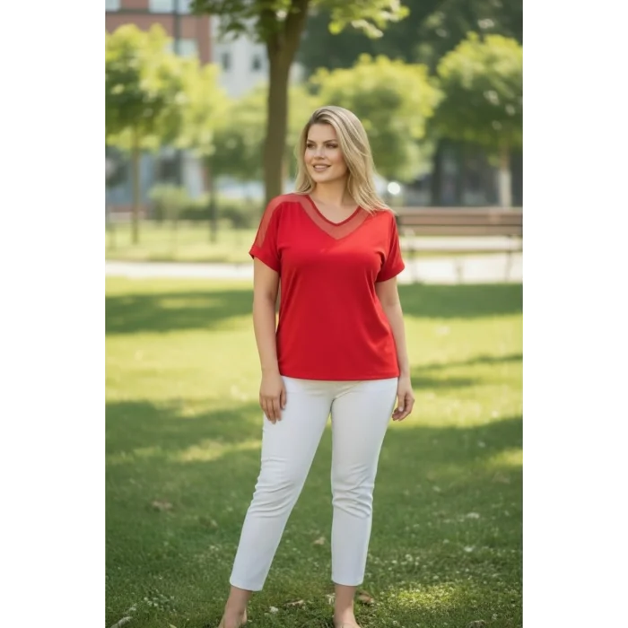 Yakası Ve Omuz Tül Detaylı Bluz