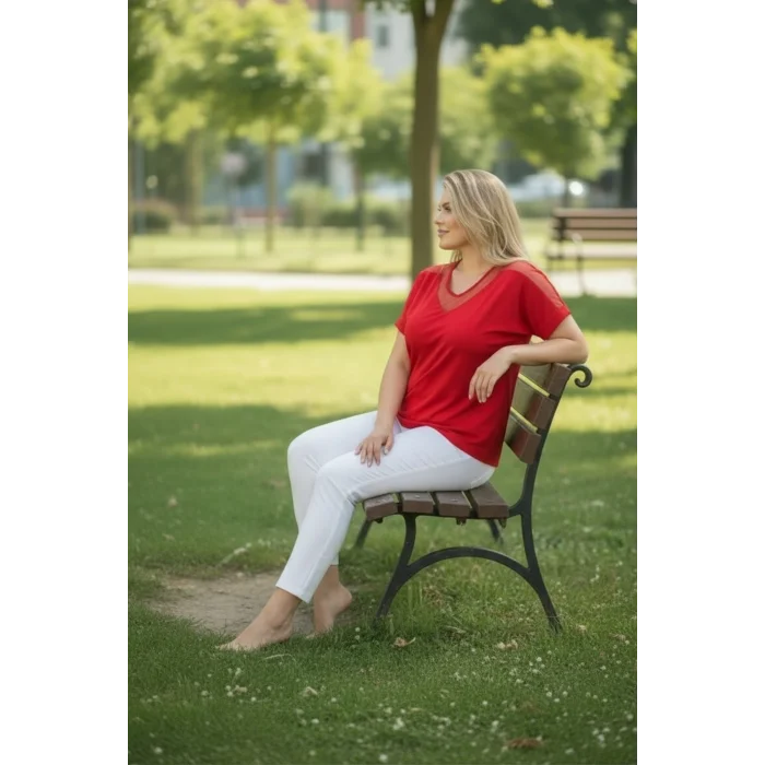 Yakası Ve Omuz Tül Detaylı Bluz