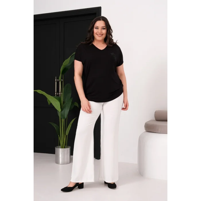 Sırtı Tül Kurdele Taş Baskılı Bluz