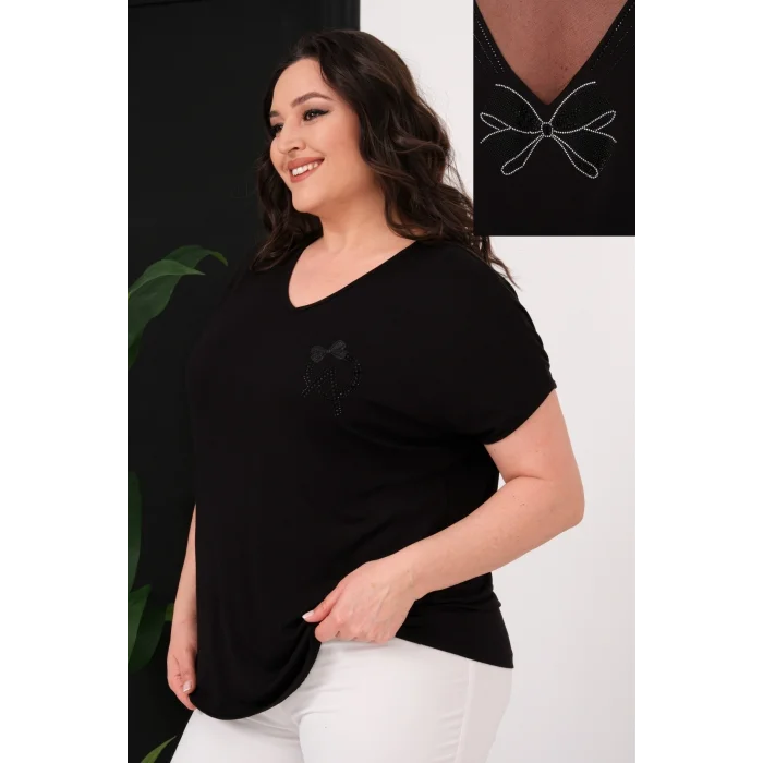 Sırtı Tül Kurdele Taş Baskılı Bluz