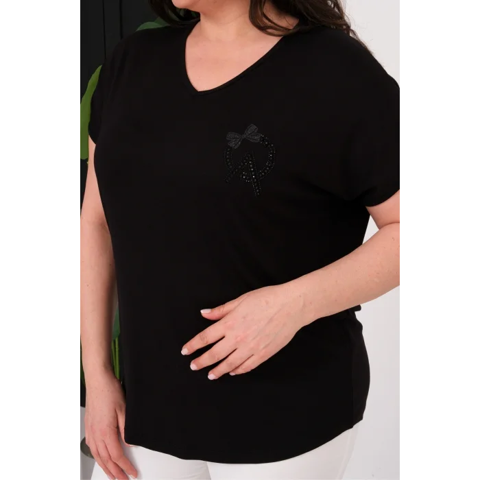 Sırtı Tül Kurdele Taş Baskılı Bluz