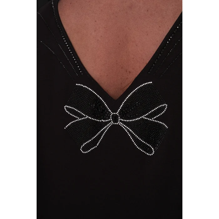 Sırtı Tül Kurdele Taş Baskılı Bluz