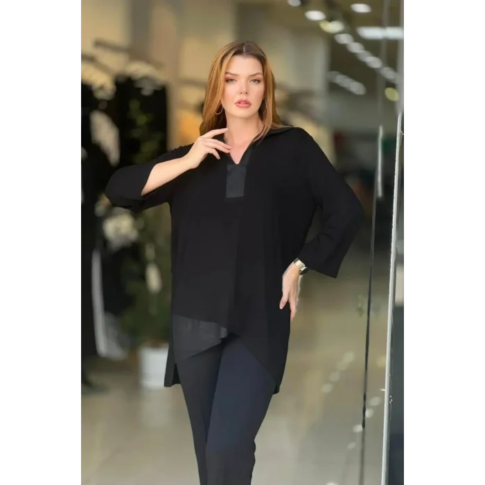 Yakası ve Eteği Suni Deri Tunik