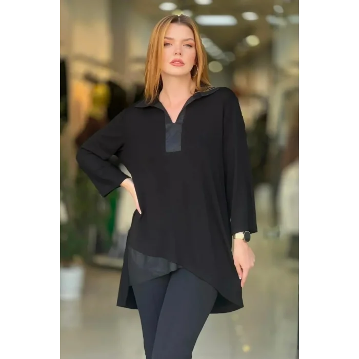 Yakası ve Eteği Suni Deri Tunik