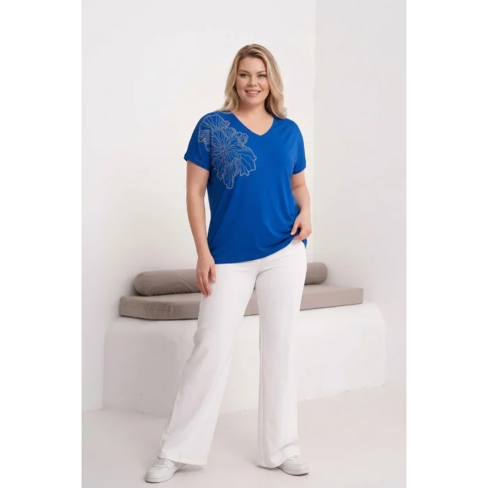 Omuz Çiçek Taş Baskılı Bluz