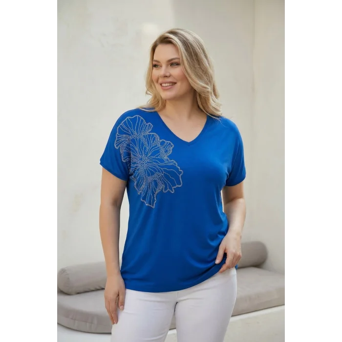 Omuz Çiçek Taş Baskılı Bluz