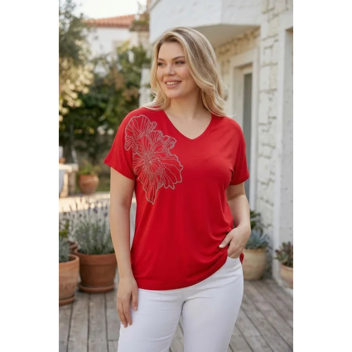 Omuz Çiçek Taş Baskılı Bluz