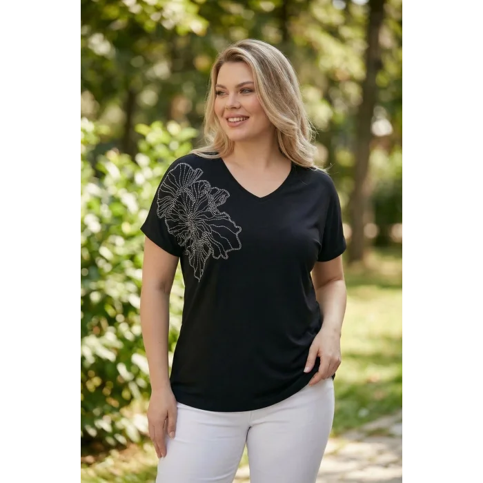 Omuz Çiçek Taş Baskılı Bluz