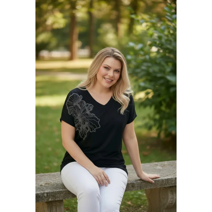 Omuz Çiçek Taş Baskılı Bluz