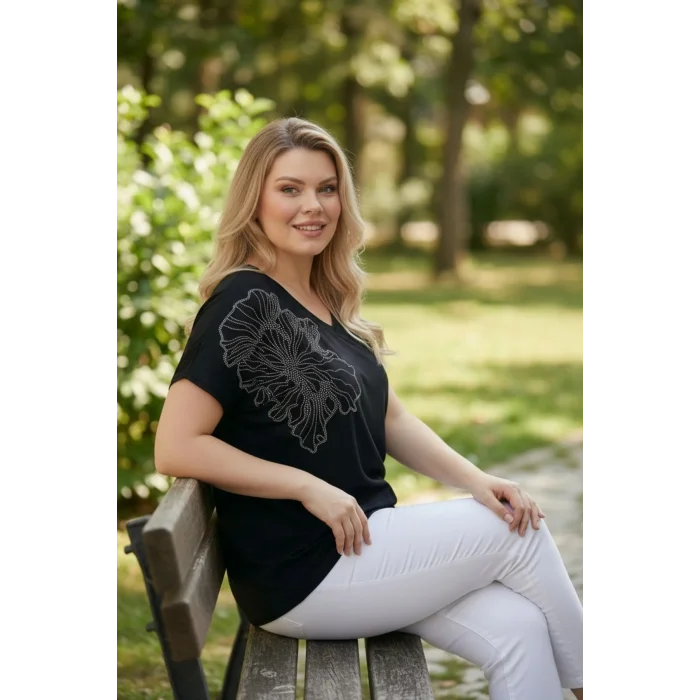 Omuz Çiçek Taş Baskılı Bluz