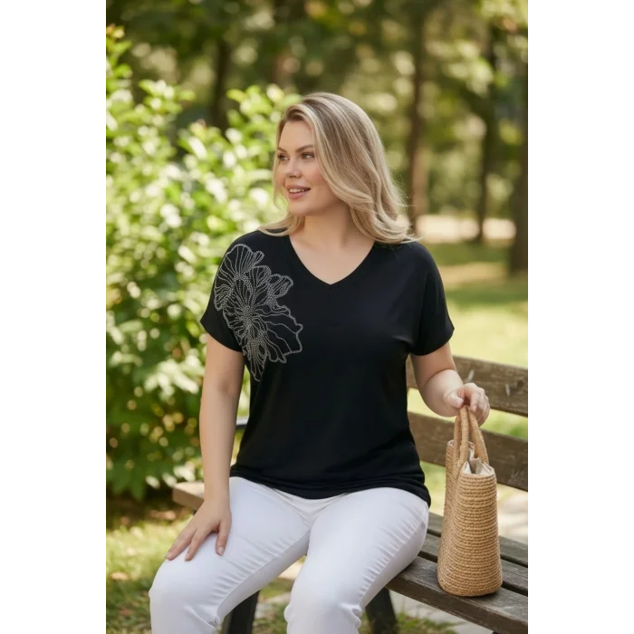 Omuz Çiçek Taş Baskılı Bluz