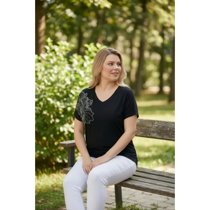 Omuz Çiçek Taş Baskılı Bluz