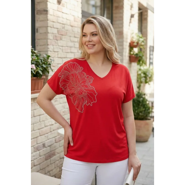 Omuz Çiçek Taş Baskılı Bluz