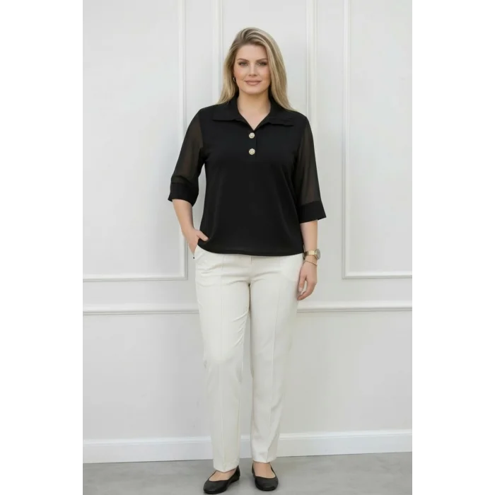 Yakası Düğme Kolları Şifon Bluz