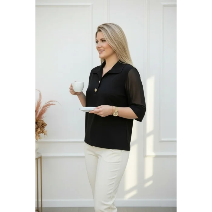 Yakası Düğme Kolları Şifon Bluz