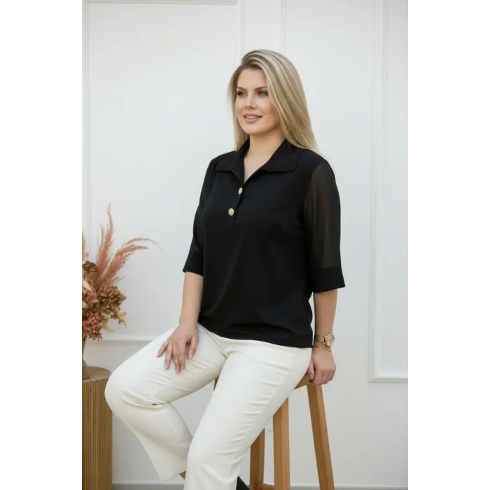 Yakası Düğme Kolları Şifon Bluz