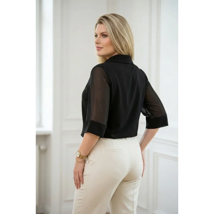 Yakası Düğme Kolları Şifon Bluz