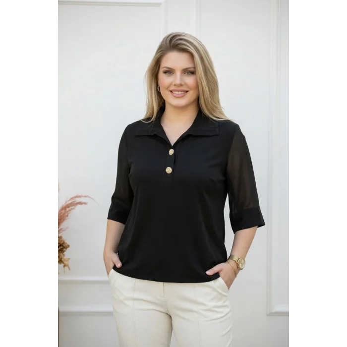 Yakası Düğme Kolları Şifon Bluz