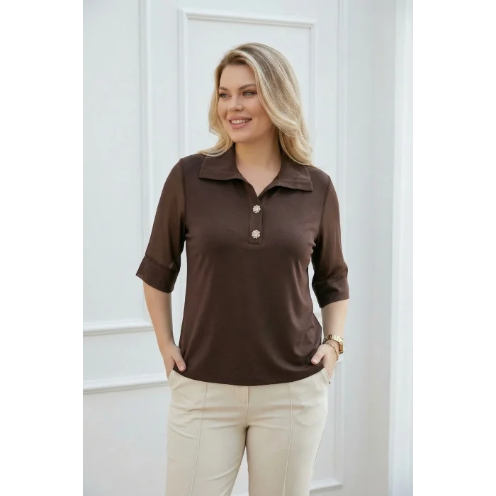 Yakası Düğme Kolları Şifon Bluz