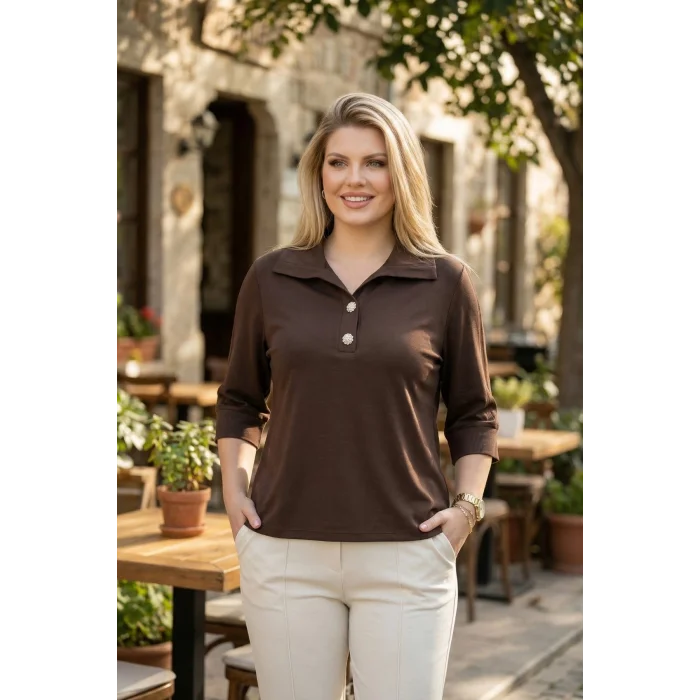 Yakası Düğme Kolları Şifon Bluz