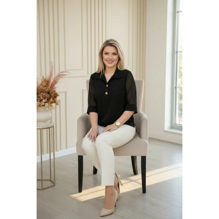 Yakası Düğme Kolları Şifon Bluz