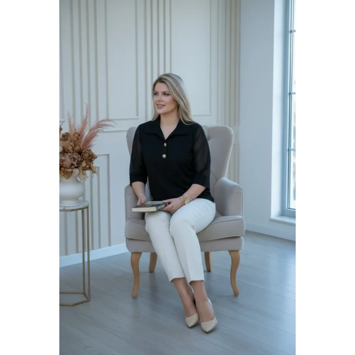 Yakası Düğme Kolları Şifon Bluz