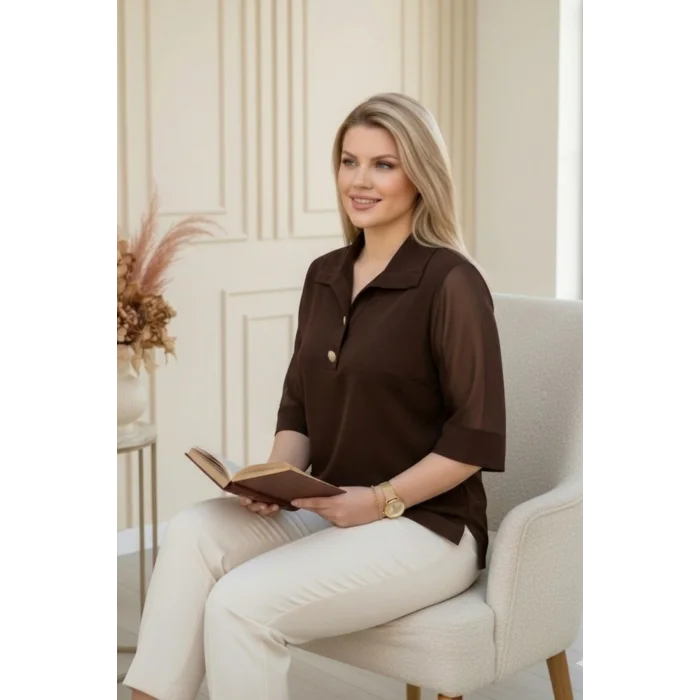 Yakası Düğme Kolları Şifon Bluz