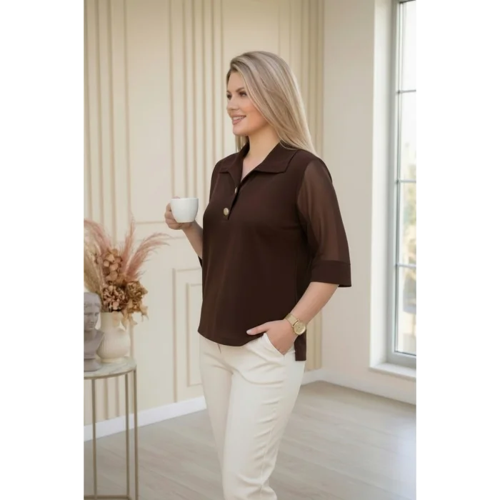 Yakası Düğme Kolları Şifon Bluz