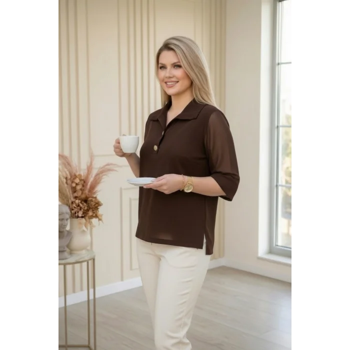 Yakası Düğme Kolları Şifon Bluz