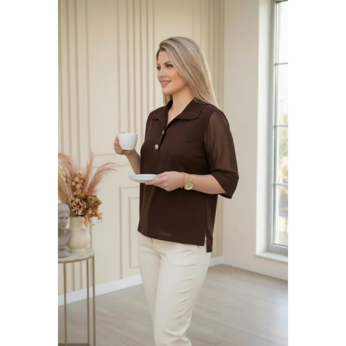 Yakası Düğme Kolları Şifon Bluz