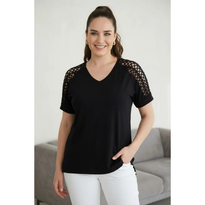 Omuz Lazer Kesim Taş Detaylı Bluz
