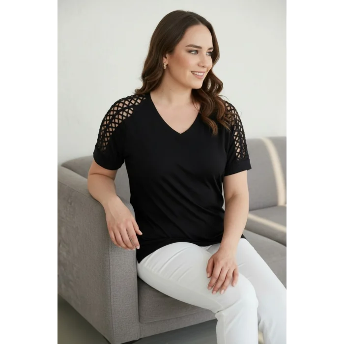 Omuz Lazer Kesim Taş Detaylı Bluz