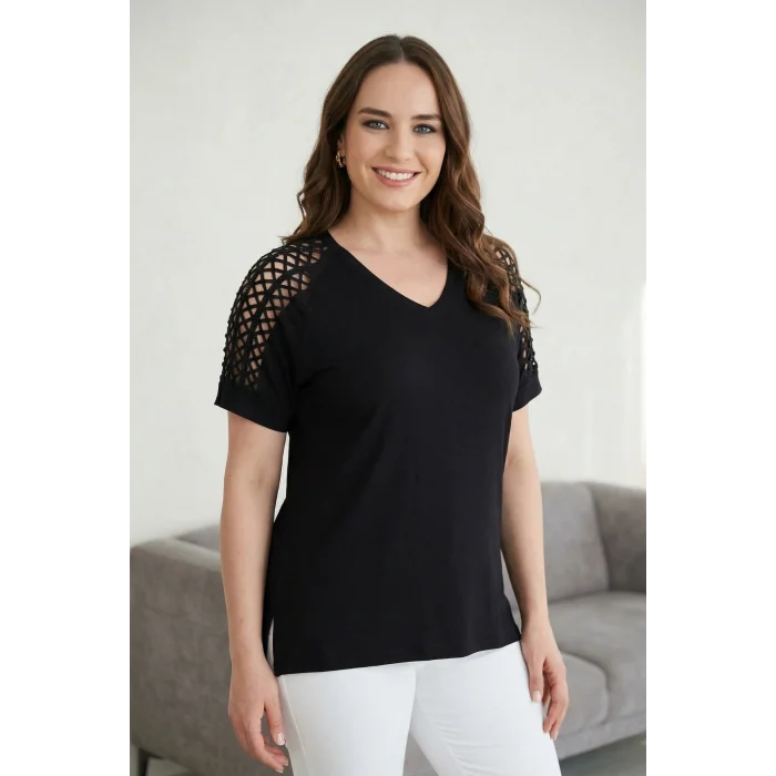 Omuz Lazer Kesim Taş Detaylı Bluz