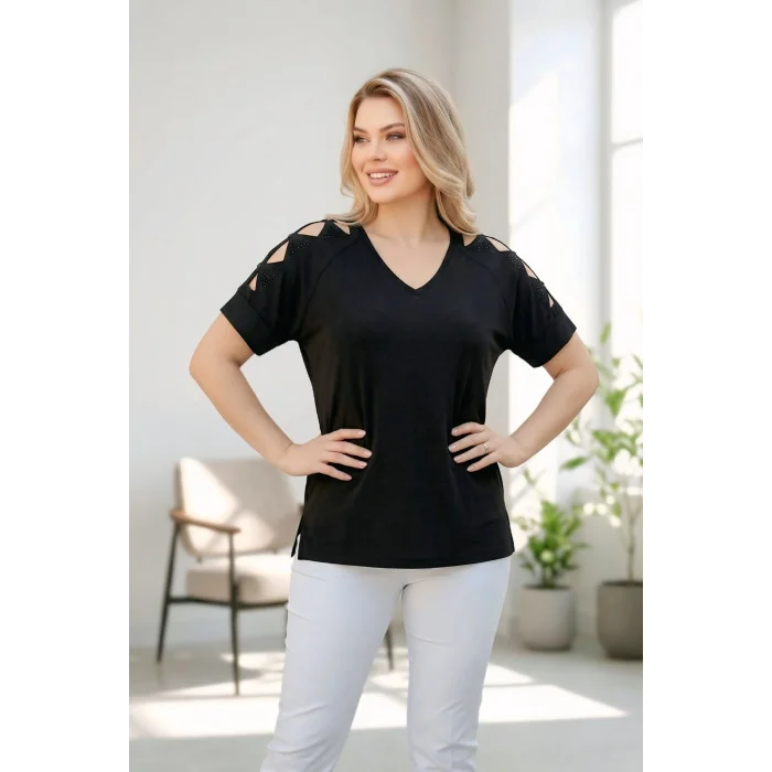 Omuz Lazer Kesim Taşlı Bluz