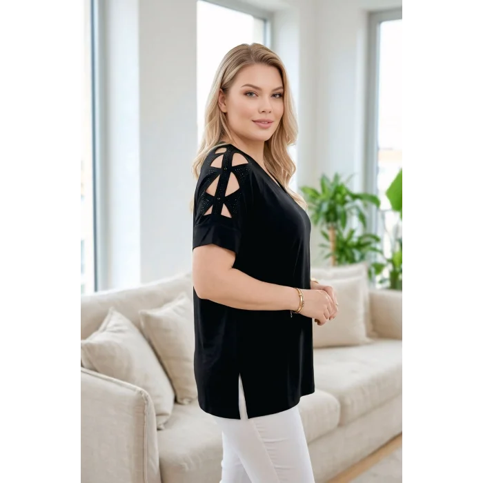 Omuz Lazer Kesim Taşlı Bluz