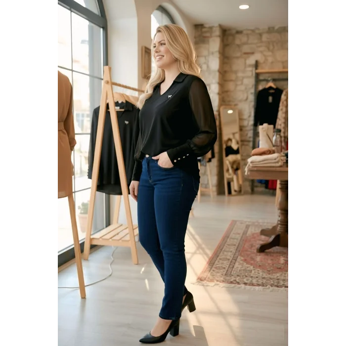 Kolları Şifon Düğme Detaylı Bluz