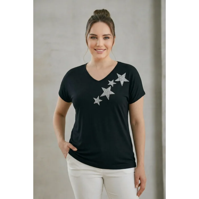 Önü Yıldız Taş Baskılı Bluz