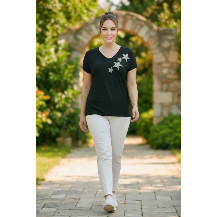 Önü Yıldız Taş Baskılı Bluz